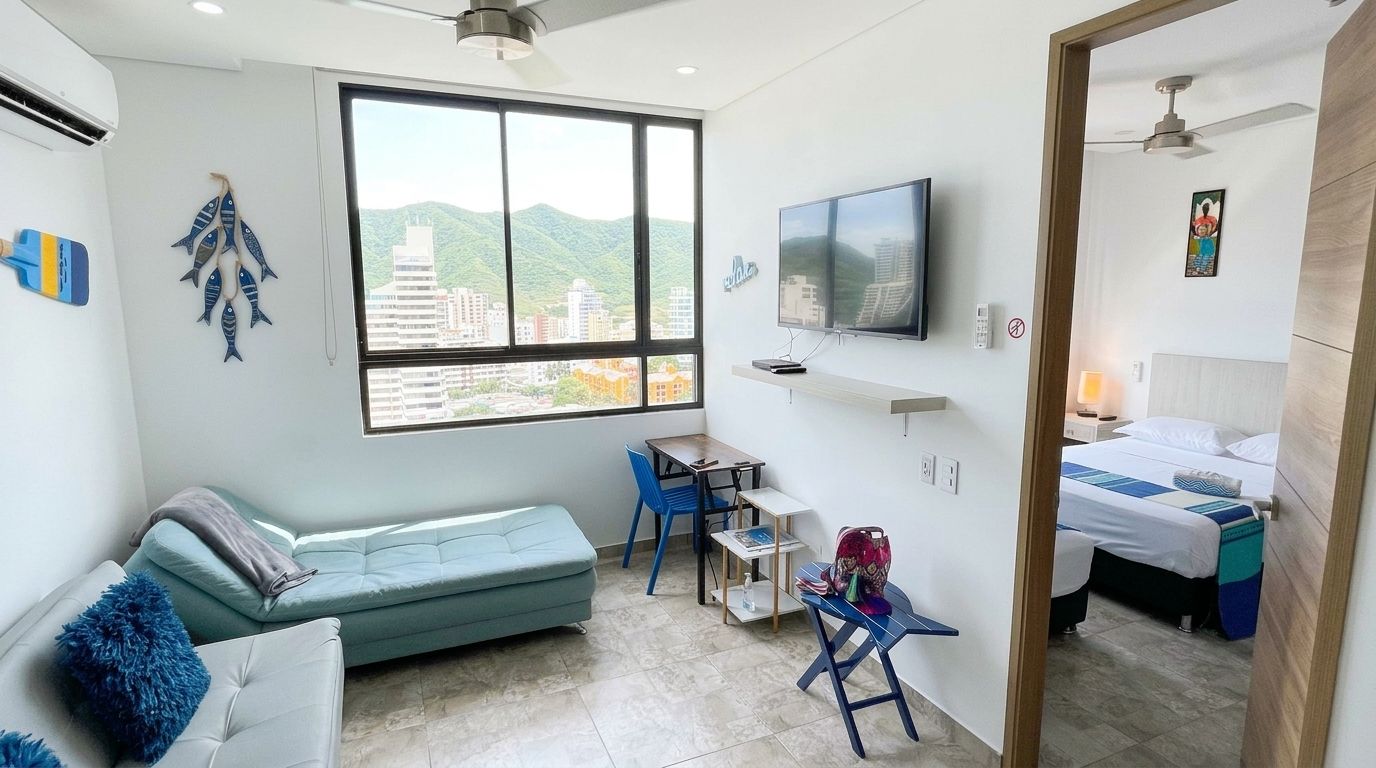 Sunlit 14th-floor vacation rental interior in El Rodadero Santa Marta Colombia