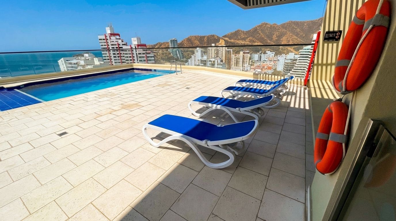 Caribbean Sea and mountain view from a 14th-floor El Rodadero Santa Marta vacation rental apartment