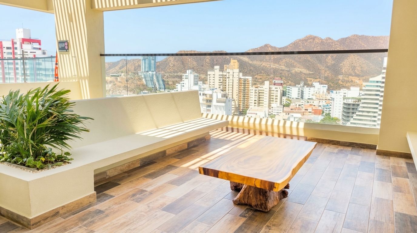 Rooftop seating and sauna terrace at an El Rodadero holiday rental